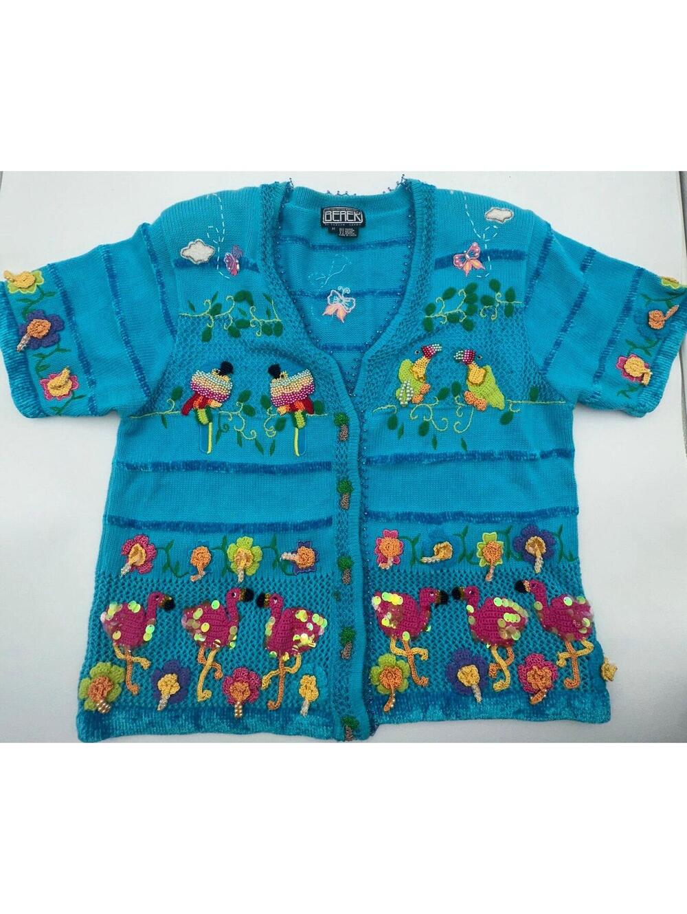 VTG Berek Sweater Takako Sakon Cardigan FLAMINGO Florida Birds Sz M Short Sleeve